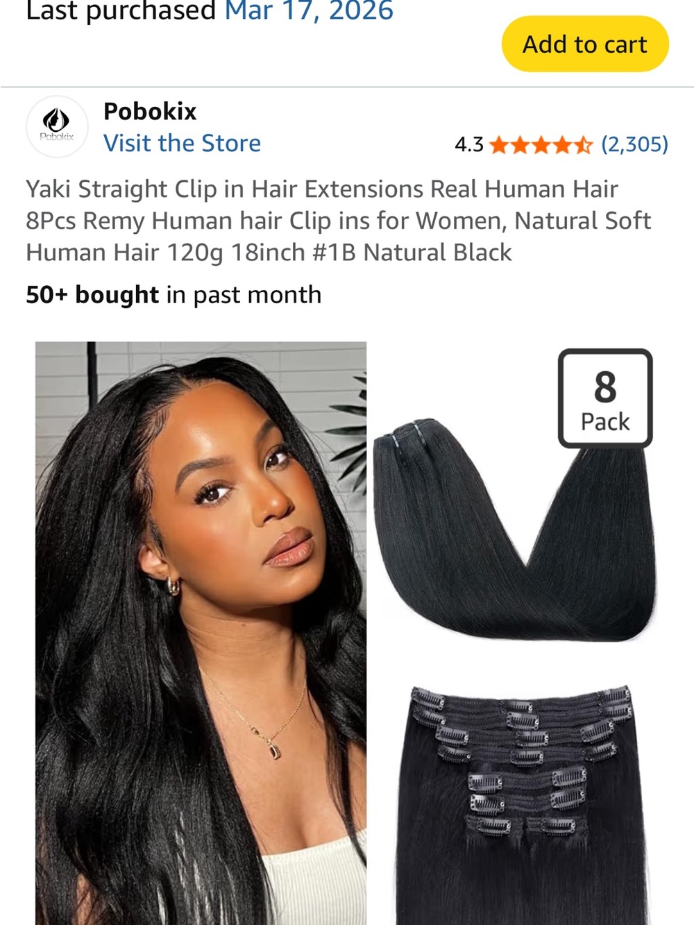 Yaki Straight 8-Piece Clip-In Human Hair Extensions - Natural Black 18 in